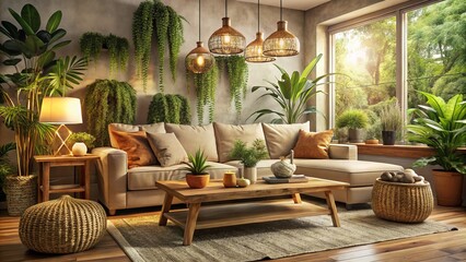 Cozy living room with plush beige sofa, rustic wooden coffee table, and vintage woven basket, surrounded by lush green plants and warm golden lighting.