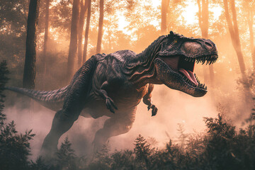 A T rex dinosaur rips through a prehistoric forest