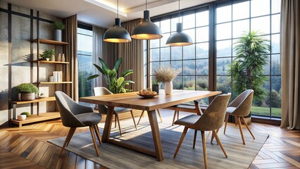Fototapeta premium Cozy modern interior with sleek wooden table, minimalist chairs, and stylish lamp, surrounded by large windows and natural light, creating a sense of calm.