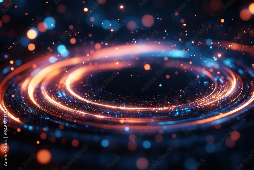 Fototapete Abstract glowing swirl with bright particles and bokeh effects, creating a dynamic and mesmerizing background in vivid colors.