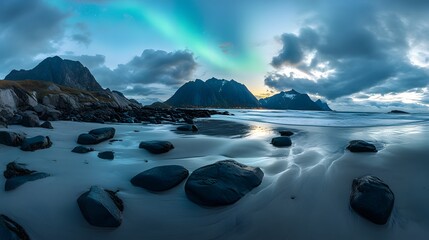 Obraz premium Wide-angle panoramic landscape of the Lofoten Islands in Norway, with rocks and a beach at night under a dramatic sky, featuring the northern lights and epic green-blue colors in a cinematic style