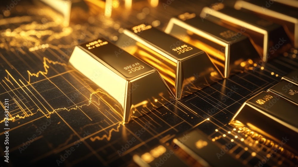 Aufkleber a gold price graph with a series of golden bars representing data over time, with detailed labels an