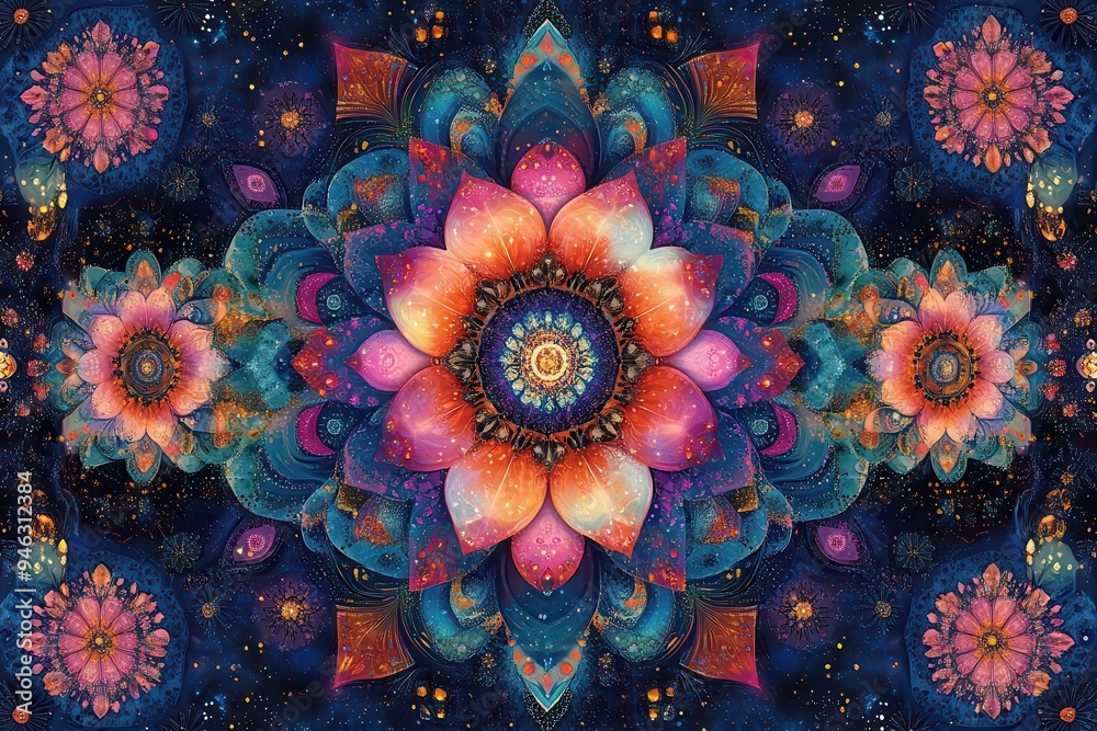 Wall mural fractal kaleidoscope intricate seamless pattern of vibrant fractal art mesmerizing abstract design w