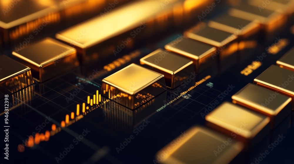 Leinwandbilder A gold price graph with a series of golden bars representing data over time, with detailed labels and indicators on a sleek, dark background.