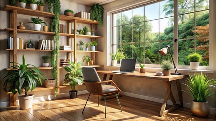 Fototapeta premium Cozy modern study nook with laptop, notebooks, and decorative plants surrounded by wooden shelves, rustic chair, and large window bringing in natural light.