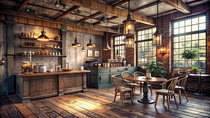 Cozy, nostalgic coffee shop interior with distressed wood, ornate metal accents, and rustic decor, evoking a warm, inviting atmosphere reminiscent of a bygone era.