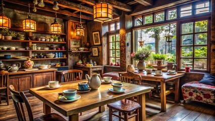 Cozy, rustic tea shop interior with distressed wooden tables, antique china, and vintage teapots, evoking a sense of nostalgia and warm, comforting antiquity.
