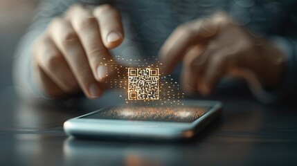 A person interacting with a smartphone displaying a floating QR code.