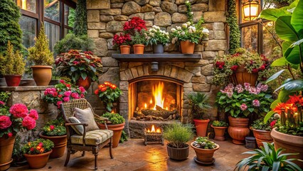 Fototapeta premium Cozy winter scene featuring a crackling stone fireplace surrounded by vibrant potted flowers and lush greenery, warm lighting casting a comforting ambiance.