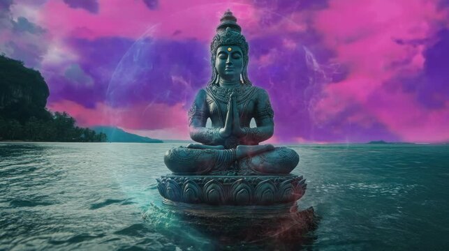 a statue of Buddha in the ocean which is very beautiful and amazing. seamless looping time-lapse virtual 4k video Animation Background.