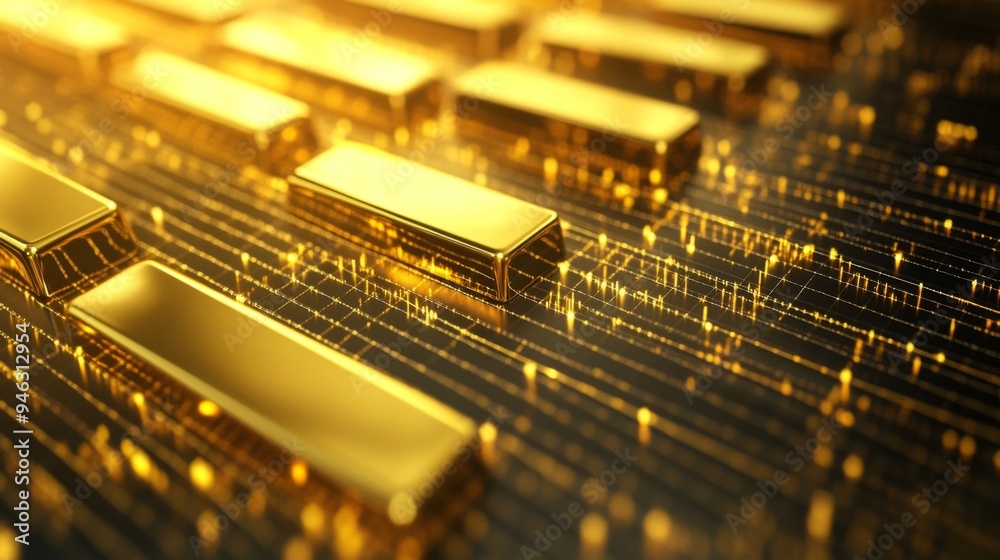 Aufkleber a gold price graph with a series of golden bars representing data over time, with detailed labels an