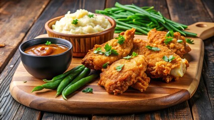 Fototapeta premium Crispy golden-brown fried chicken pieces served on a rustic wooden board with creamy mashed potatoes, steaming green beans, and a side of tangy gravy.