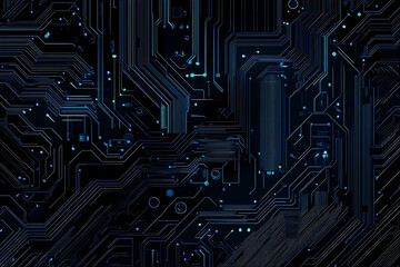  Abstract representation of a circuit board with glowing neon lines and geometric patterns against a dark background. The image evokes a high-tech, futuristic feel with ample copy space