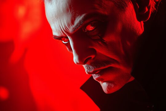 A dark confrontation between Dracula and Cybernetic Dracula in a hauntingly red-lit setting - Powered by Adobe