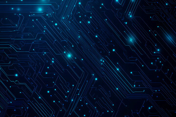  Abstract representation of a circuit board with glowing neon lines and geometric patterns against a dark background. The image evokes a high-tech, futuristic feel with ample copy space