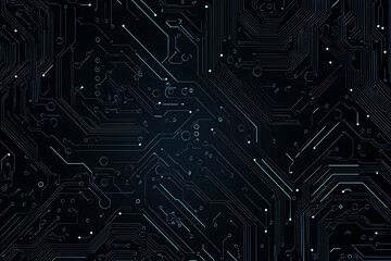  Abstract representation of a circuit board with glowing neon lines and geometric patterns against a dark background. The image evokes a high-tech, futuristic feel with ample copy space