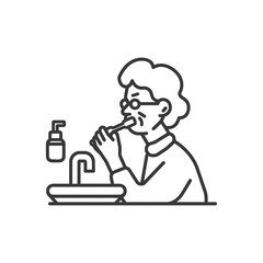 Elderly Woman Brushing Teeth in Bathroom Sink