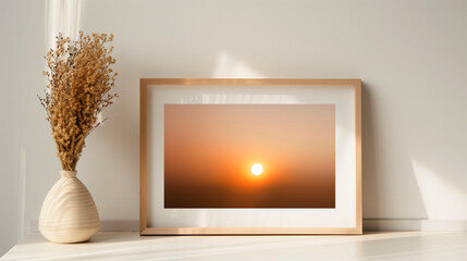 Minimalist sunset photo with sun in center of frame on white wall presented in minimalist photography style.
