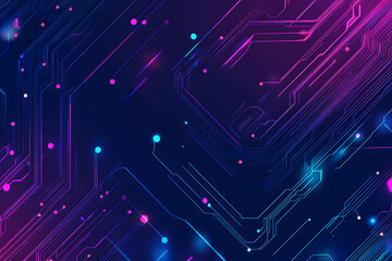  Abstract representation of a circuit board with glowing neon lines and geometric patterns against a dark background. The image evokes a high-tech, futuristic feel with ample copy space