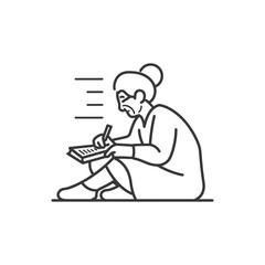 Elderly woman sitting on the floor writing in a notebook