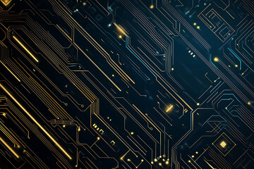  Abstract representation of a circuit board with glowing neon lines and geometric patterns against a dark background. The image evokes a high-tech, futuristic feel with ample copy space