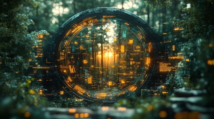 A holographic health tracking interface emerges in a vibrant forest, illuminated by the warm glow of a sunset, showcasing advanced technology.