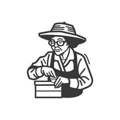 Elderly Woman Wearing Glasses and a Hat Holding a Cup and a Box