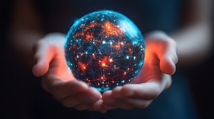 Hands holding a holographic globe with blockchain and AI data connections