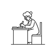 Elderly Woman Writing at a Desk with a Book and Pen