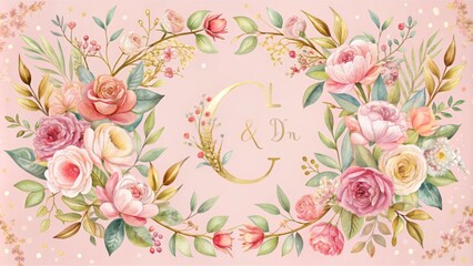 Delicate watercolor floral wreath frames a whimsical, handwritten alphabet letter on a soft, pink background, surrounded by intricate botanical illustrations and ornate golden borders.