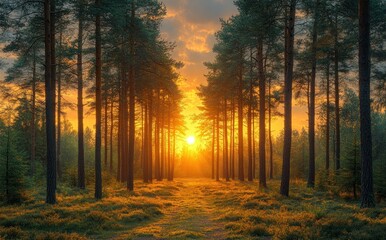 Obraz premium Golden Sunset Through a Forest