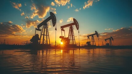 Obraz premium Silhouetted Oil Rigs at Sunset