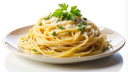 Delicious serving of plain pasta, perfectly cooked al dente, against a clean white background, garnished with a sprinkle of parmesan cheese and fresh parsley.