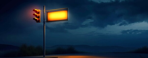 A glowing signpost under a dark cloudy sky.