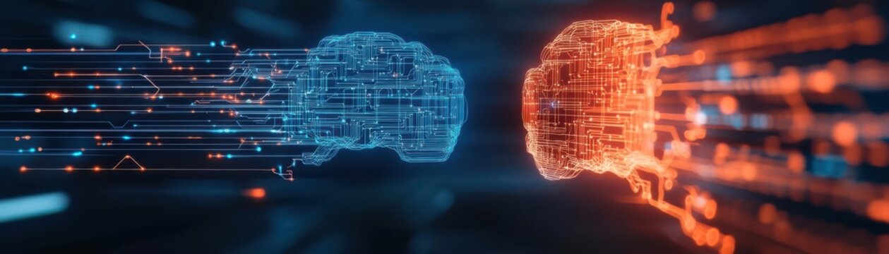 Futuristic representation of digital brains in blue and orange, showcasing high-speed data transfer and advanced technology concepts.