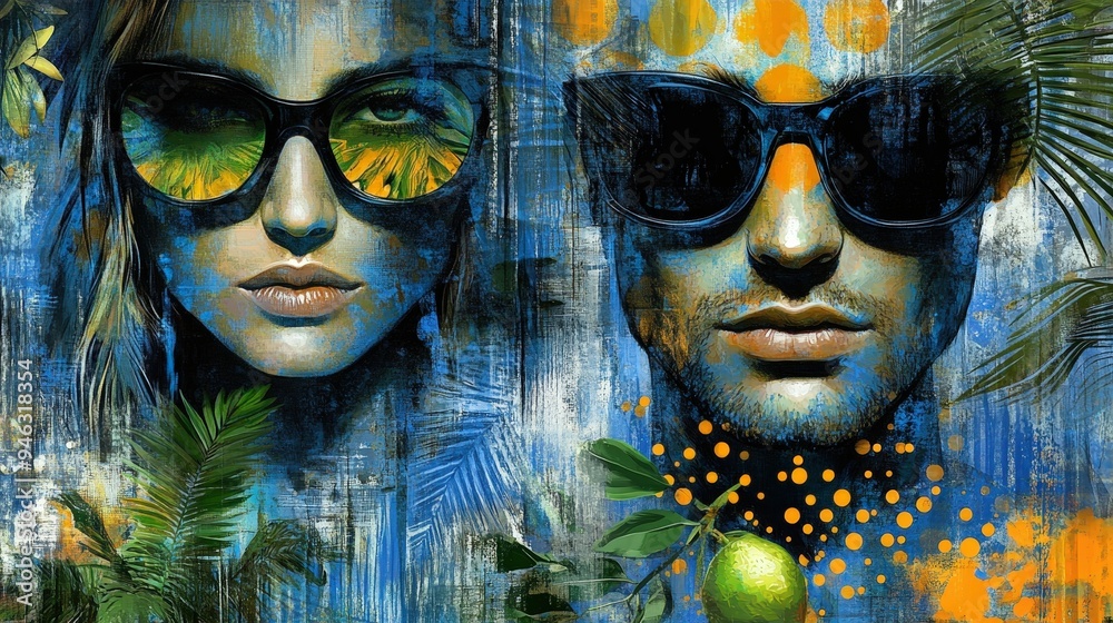 Poster two faces adorned with expressive sunglasses are immersed in a colorful, tropical-themed backdrop fi