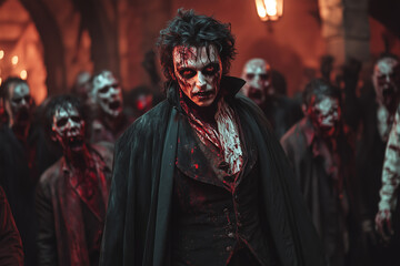 An eerie gathering of vampires in a dimly lit castle, shrouded in mist and mystery, as Dracula prepares to reclaim his dark legacy