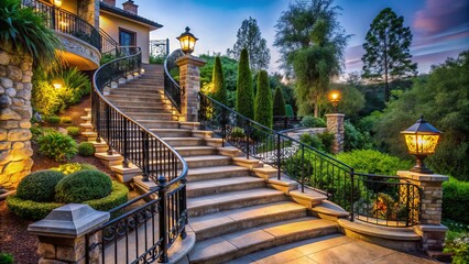 Elegant curved staircase winds its way up a lushly landscaped hillside, lined with ornate iron...