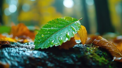 Fototapeta premium Green Leaf in Autumn Rain: A solitary green leaf, glistening with raindrops, rests atop a mossy log amidst a carpet of fallen leaves in a serene autumnal forest. The vibrant green contrasts beautiful