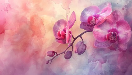 A detailed orchid flower with purple hues, watercolor texture, closeup angle, soft indoor light