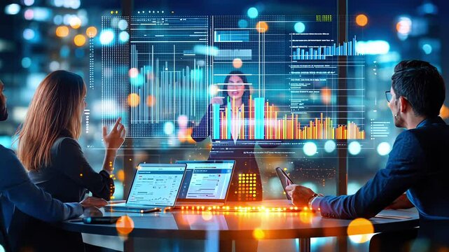 Business Professionals Analyzing Data on Digital Screens in Modern Office at Night