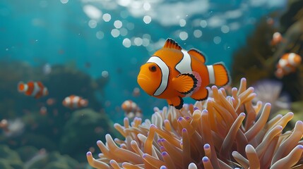 A vibrant underwater scene featuring a clownfish swimming among coral.