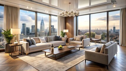 Fototapeta premium Elegant modern living room in a stylish London home, featuring sleek furniture, creamy walls, and large windows with a stunning cityscape view outside.