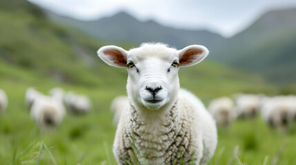 Naklejka premium Herd Sheep Grazing Top Grass Covered