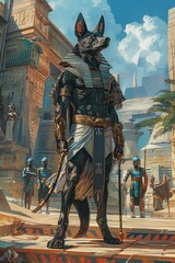Naklejka premium Anubis and Pharaohs in a grand procession, opulent palace background, richly detailed and vibrant illustration style