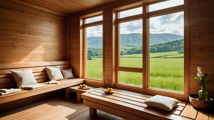 Fototapeta premium Relaxing sauna with stunning view of mountains and fields.