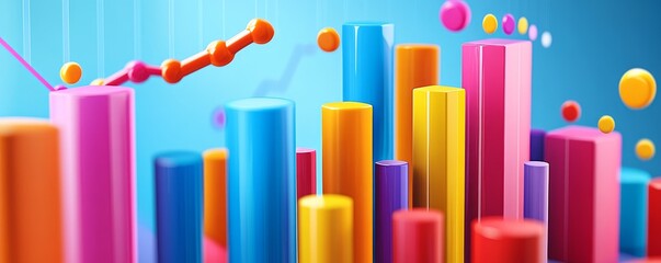 Obraz premium Colorful abstract bars and line graph on blue background.