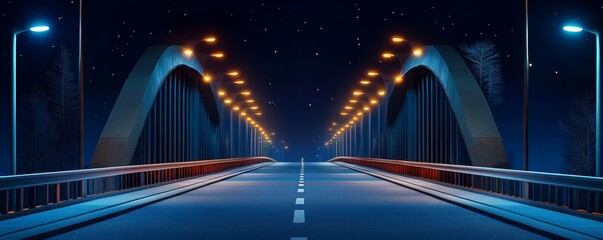 Obraz premium Empty road on a bridge illuminated by street lights at night.