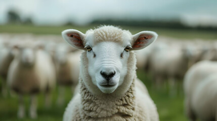 Fototapeta premium Herd Sheep Grazing Top Grass Covered