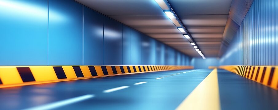Empty tunnel with blue walls and yellow stripes.